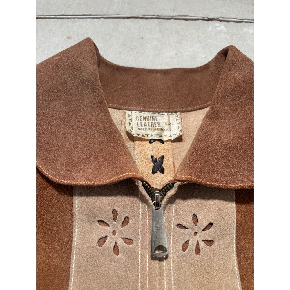 Vintage Suede Leather Fringe Poncho Cape Mexico Floral Cutout Brown Boho M L - Picture 3 of 8